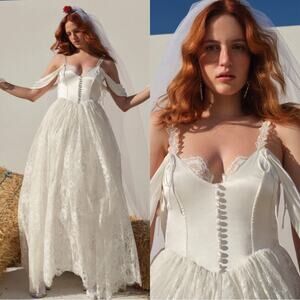 For Love & Lemons Vera Lace Off the Shoulder White Maxi Bridal Gown Size S